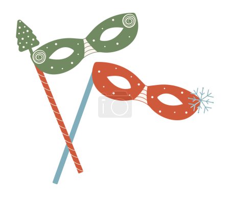 Illustration for Two groovy winter masquerade masks on sticks, vector illustration for New Year and Christmas - Royalty Free Image