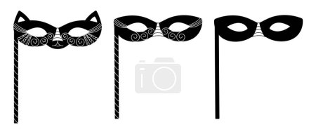 Illustration for Black masquerade masks with sticks, black and white vector illustration set - Royalty Free Image