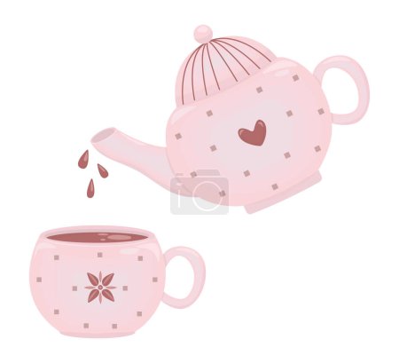 Ilustración de Bebida caliente de chocolate en la tetera y la taza de color rosa, ilustración vector lindo - Imagen libre de derechos