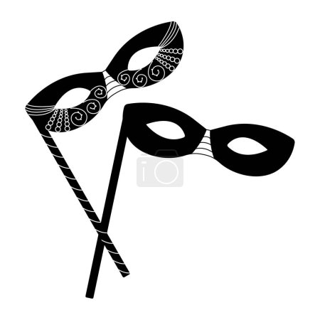 Illustration for Two black and white masquerade masks on sticks, vector illustration for Mardi Gras and Purim - Royalty Free Image