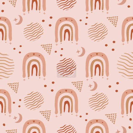Cute boho seamless pattern with rainbow and abstract elements