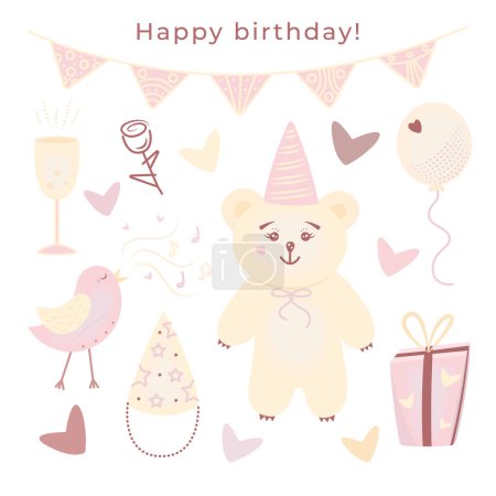 Photo for Birthday doodle set of cute color stickers, vector holiday items - Royalty Free Image