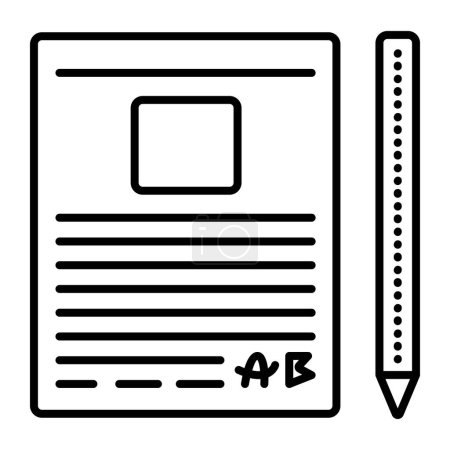 Plantilla de documento y pluma, icono de vector de línea negra, pictograma de un formulario en papel con lugar para una foto, texto condicional y firma