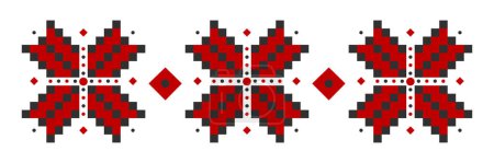 Ukrainische traditionelle Stickerei "vyshyvanka" in schwarzen und roten Farben, Volksornament, drei Blumen und Kreuze. Das symbolisiert Liebe zur Heimat und Bereitschaft, für das zu kämpfen, was man liebt