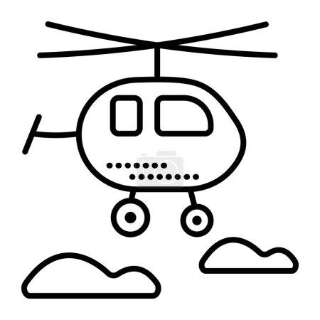 Single helicopter black line vector icon, clouds and copter pictogram, cute chopper in flight, minimal illustration