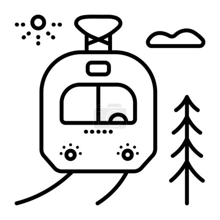 Tram in a city, vector black line icon, electric public transport symbol