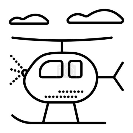 Einzelhubschrauber mit Kufen, schwarzer Linienvektorsymbole, Wolken und Copter-Piktogramm, niedlicher Western-Hubschrauber mit Fahrwerk, Lufttaxi minimale Illustration