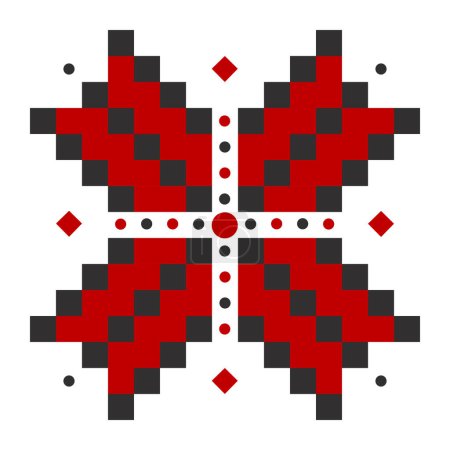 Creative Ukrainian embroidery in black and red colors, folk flower with four petals and a cross