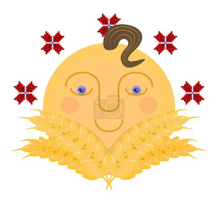 Téléchargez les illustrations : Oreilles de blé, fleurs de broderie et soleil. Impression vectorielle ukrainienne en couleurs jaune et rouge - en licence libre de droit