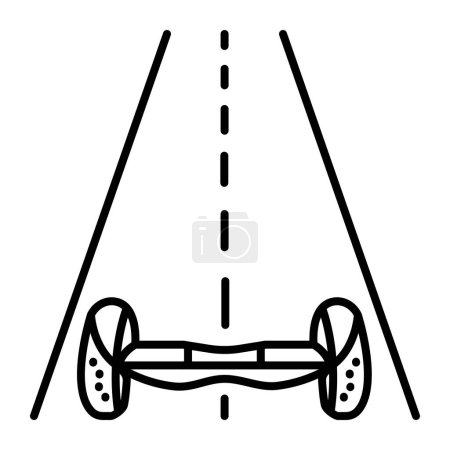 Hoverboard en la carretera, icono de vector de línea negra, señal de transporte eléctrico móvil moderno