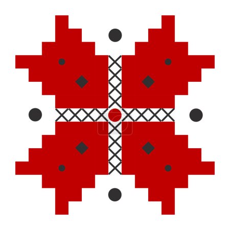 Ukrainian embroidery in black and red colors, folk ornament of flower with four petals and cross
