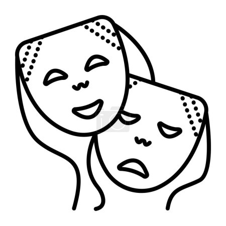 Happy and sad facial mask on ropes, vector black line icon for a drama and comedy theater