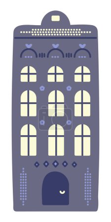 Holländische Architektur, einziges blaues Grachtenhaus im Amsterdamer Stil. Hohe holländische Gebäude mit vielen Fenstern und Licht in ihnen, adrette Doodle, Vektorfarbenillustration