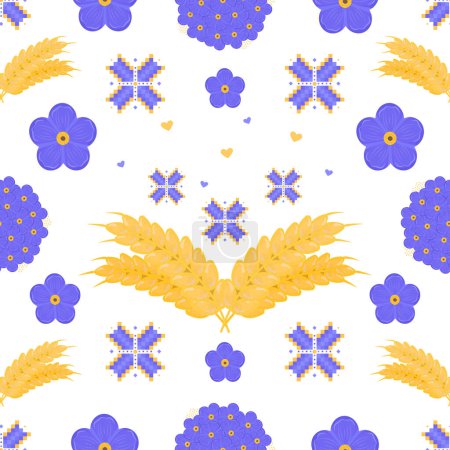 Seamless pattern in Ukrainian style, vector color repeat background. Blue flowers forget me not, embroidery and ears of wheat