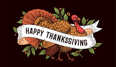 Türkei, Happy Thanksgiving. Retro-Grußkarte mit Truthahn, Schleife und Text als Dankeschön. Banner im Gravur-Stil für Happy Thanksgiving Day mit traditionellem Truthahn. Vektorillustration