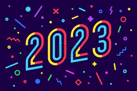 Illustration for 2023, Happy New Year. Greeting card with 2023 for Happy New Year holiday. Geometric bright style for Happy New Year or Merry Christmas. Holiday background, banner, poster. Vector Illustration - Royalty Free Image