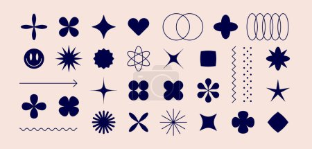 Forma gráfica futurista. Conjunto de elemento de diseño geométrico, símbolo de forma para el patrón, gráfico, diseño web, signo geométrico minimalista, estrella, flor, forma abstracta colección. Ilustración vectorial