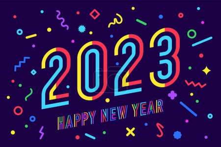 Illustration for 2023, Happy New Year. Greeting card with inscription Happy New Year 2023. Geometric bright style for Happy New Year or Merry Christmas. Holiday background, banner, poster. Vector Illustration - Royalty Free Image
