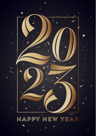 2023, Happy New Year. Greeting card with 2023 for golden Happy New Year holiday. Golden glossy bright style for Happy New Year or Merry Christmas. Holiday gold background, banner. Vector Illustration