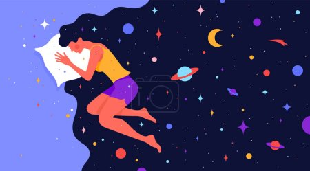 Woman with dream universe. Simple character of woman sleeping in bed with universe starry planet, moon star, night sky in cosmos hair. Woman character in dream, flat graphic. Vector Illustration