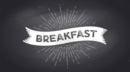 Illustration for Breakfast, ribbon banner. Black white ribbon banner with text, phrase Breakfast. White isolated vintage graphic silhouette ribbon, text chalk breakfast on black chalkboard. Vector Illustration - Royalty Free Image