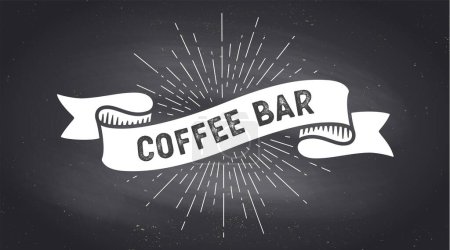 Illustration for Coffee Bar, ribbon banner. Black white ribbon banner with text, phrase Coffee Bar. White isolated vintage graphic silhouette ribbon, text chalk coffee bar on black chalkboard. Vector Illustration - Royalty Free Image
