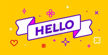 Illustration for Ribbon and banner Hello. Greeting card with ribbon and word Hello. Trendy barbie style barbiecore ribbon banner for card with text hello on colorful yellow background. Vector Illustration - Royalty Free Image
