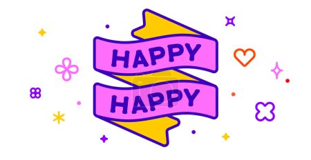 Illustration for Ribbon and banner Happy Happy. Greeting card with ribbon and word Happy. Trendy barbie style barbiecore ribbon banner for card with text happy on colorful pink background. Vector Illustration - Royalty Free Image