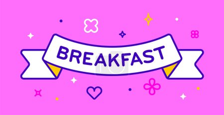 Illustration for Ribbon and banner Breakfast. Greeting card with ribbon and word Breakfast. Trendy barbie style barbiecore ribbon banner for card with text breakfast on colorful pink background. Vector Illustration - Royalty Free Image