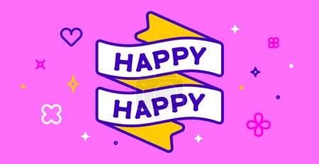 Illustration for Ribbon and banner Happy Happy. Greeting card with ribbon and word Happy. Trendy barbie style barbiecore ribbon banner for card with text happy on colorful pink background. Vector Illustration - Royalty Free Image
