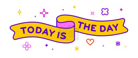 Illustration for Ribbon and banner Today is The Day. Greeting card with ribbon and word Today is The Day. Trendy barbie style barbiecore ribbon banner for card with text Today on yellow background. Vector Illustration - Royalty Free Image
