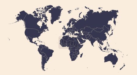 Ilustración de Mapa del mundo. Póster del mundo, mapa de la tierra con países, siluetas aisladas de países sobre fondo azul. Mapa mundial de póster dibujado a mano en color blanco y gris. Ilustración vectorial - Imagen libre de derechos
