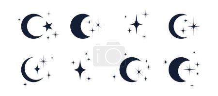 Ilustración de Luna con estrellas puestas. Media luna, media luna con estrella, fondo cielo nocturno. Símbolo de media luna, elementos gráficos, formas de estrella de luz gráfica, colección de iconos de media luna mística boho witch. Ilustración vectorial - Imagen libre de derechos
