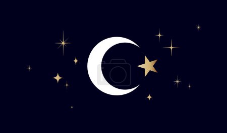 Ilustración de Luna, media luna, media luna con estrellas. Media luna, media luna con estrella, fondo cielo nocturno. Símbolo de media luna, elementos gráficos, formas de estrellas de luz gráfica, colección de iconos de media luna. Ilustración vectorial - Imagen libre de derechos