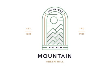 Téléchargez les illustrations : Mountain Hill Landscape Label. Modèle minimaliste de logo d'art de ligne. Insigne de paysage de montagne graphique de ligne de conception moderne simple. Symbole ligne icône montagne montagne paysage signe. Illustration vectorielle - en licence libre de droit
