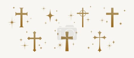 Ilustración de Colección cristiana cruz religiosa. Establecer símbolo religión cruz sobre fondo blanco, brillantes estrellas doradas. San icono de oración signo de cruz, símbolo religioso, estrellas de la fe cristiana. Ilustración vectorial - Imagen libre de derechos