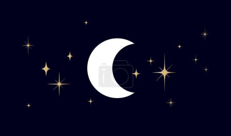 Illustration for Moon, half moon, crescent with stars. Half moon, crescent with star, night sky background. Half moon symbol, graphic elements, light star shapes graphic, crescent icon collection. Vector Illustration - Royalty Free Image