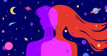 Illustration for Couple woman, man dreams. Modern flat character silhouette woman, man with dream universe, cosmos, stars background. Character couple, imagination connection universe starry night. Vector illustration - Royalty Free Image