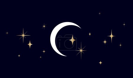 Illustration for Moon, half moon, crescent with stars. Half moon, crescent with star, night sky background. Half moon symbol, graphic elements, light star shapes graphic, crescent icon collection. Vector Illustration - Royalty Free Image