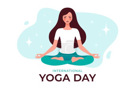 Illustration for Woman in yoga meditation pose. Beautiful woman sitting in yoga lotus meditation pose, relax, breath on white background. Greeting card, poster, banner for Yoga International Day. Vector illustration - Royalty Free Image