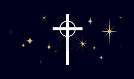 Ilustración de Cruz religiosa cristiana. Símbolo religión cruz sobre fondo oscuro, brillantes estrellas doradas. Signo de cruz de oración blanca, símbolo religioso, estrellas doradas, fondo negro fe cristiana. Ilustración vectorial - Imagen libre de derechos