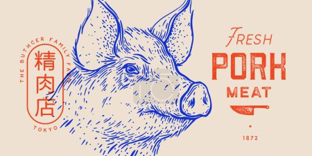 Illustration for Pork, pig head, meat label. Template Meat Tag Label. Vintage retro print, tag, label with pig sketch ink pencil style drawing. Butchery pork pig head meat shop, text, typography. Vector Illustration - Royalty Free Image