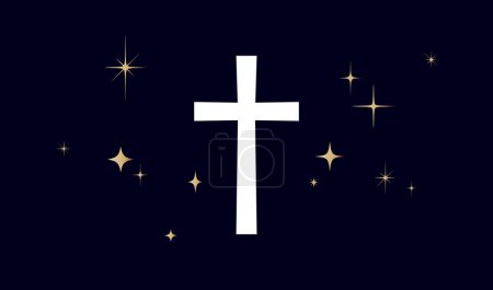 Ilustración de Cruz religiosa cristiana. Símbolo religión cruz sobre fondo oscuro, brillantes estrellas doradas. Signo de cruz de oración blanca, símbolo religioso, estrellas doradas, fondo negro fe cristiana. Ilustración vectorial - Imagen libre de derechos
