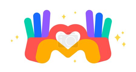 Illustration for Hand sign Heart Love. Colorful Heart Love hands symbol gesture. Hands making sign shape heart by fingers. Greeting post card, poster, banner. Love emoji concept Valentine day. Vector Illustration - Royalty Free Image