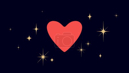 Ilustración de Signo del corazón, símbolo del amor con estrellas. Corazón icono amor con estrella, fondo negro. Corazón rojo simple amor símbolo emoji, estrellas de oro gráfico, tarjeta del día de San Valentín, tarjeta de boda. Ilustración vectorial - Imagen libre de derechos