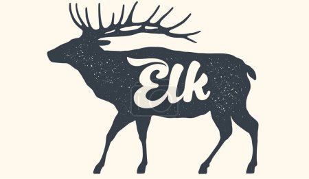 Illustration for Elk. Lettering, typography. Animal silhouette elk deer, lettering Elk. Creative graphic design. Vintage poster, drawing, typography banner, hand drawn wild symbol, t-shirt print. Vector Illustration - Royalty Free Image