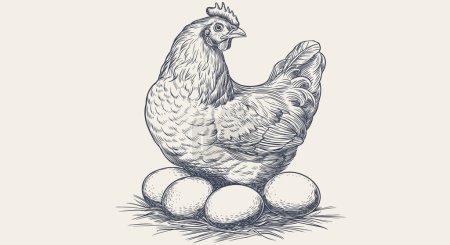 Ilustración de Pollo, gallina con nido, huevos. Vintage retro print, pollo, huevos de gallina bosquejo tinta lápiz estilo dibujo, grabar a la vieja escuela. Dibuja el dibujo de la silueta de pollo, gallina con nido, huevos. Ilustración vectorial - Imagen libre de derechos