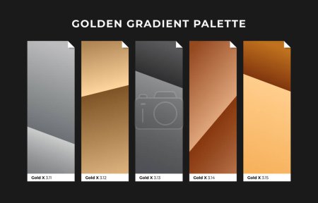 Illustration for Golden color palette. Gold, copper, bronze gradient palette template. Collection palette of colorful metallic gradient illustrations for background, texture. Realistic gold metal. Vector illustration - Royalty Free Image