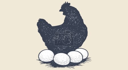 Illustration for Chicken, hen with nest, eggs. Vintage retro print, chicken eggs sketch ink pencil style drawing, engrave old school. Sketch artwork silhouette chicken with nest, eggs. Vector Illustration - Royalty Free Image