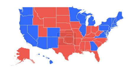 Ilustración de USA Voting Map. Mapa de afiches de Estados Unidos de América para elecciones, votación, elecciones presidenciales de Estados Unidos. Infographic design, USA map with states, Democratic, Republican USA states (en inglés). Ilustración vectorial - Imagen libre de derechos
